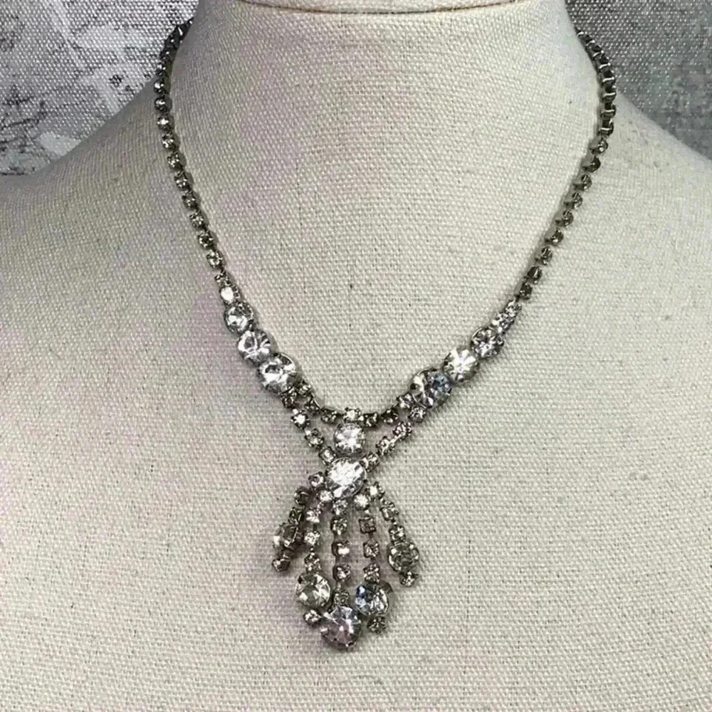 Rhinestone Bling Necklace with Rhinestone Dangle Drops Pendant Vintage 1950’s